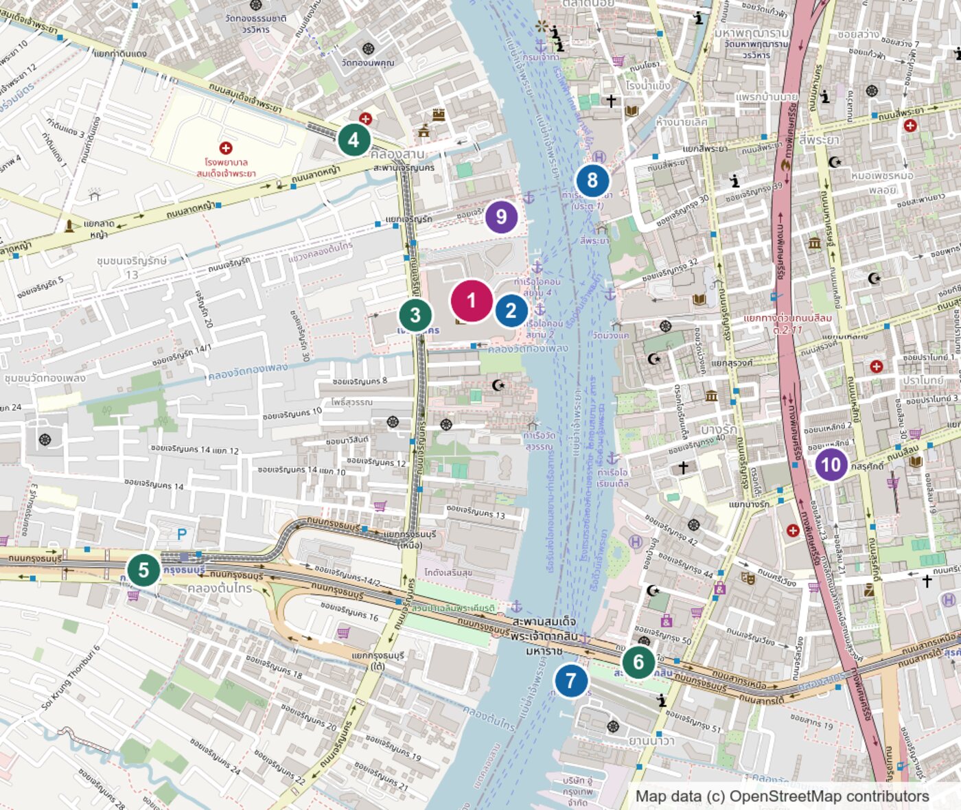 Map of the venue area: ICONSIAM, the two delegate hotels, the BTS and Gold Line stations and the river piers