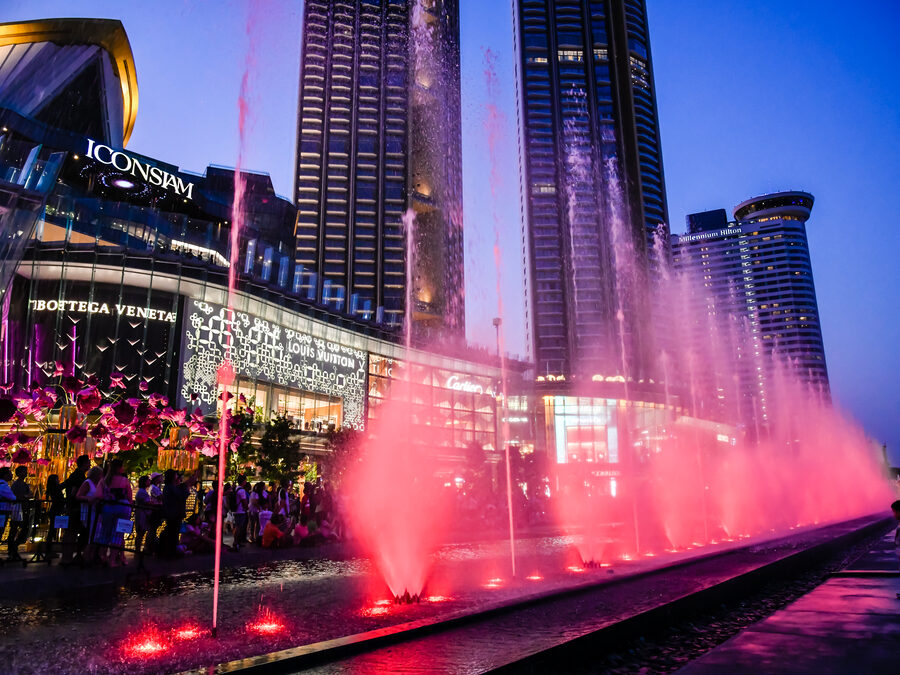 The multimedia fountain show on the ICONSIAM river park at night